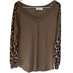 Brown Ribbed Blouse with Leopard Print Sleeves